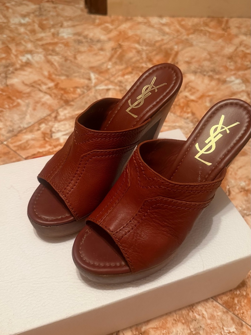 Yves Saint Laurent Brown Leather Open-Toe Mule Heels